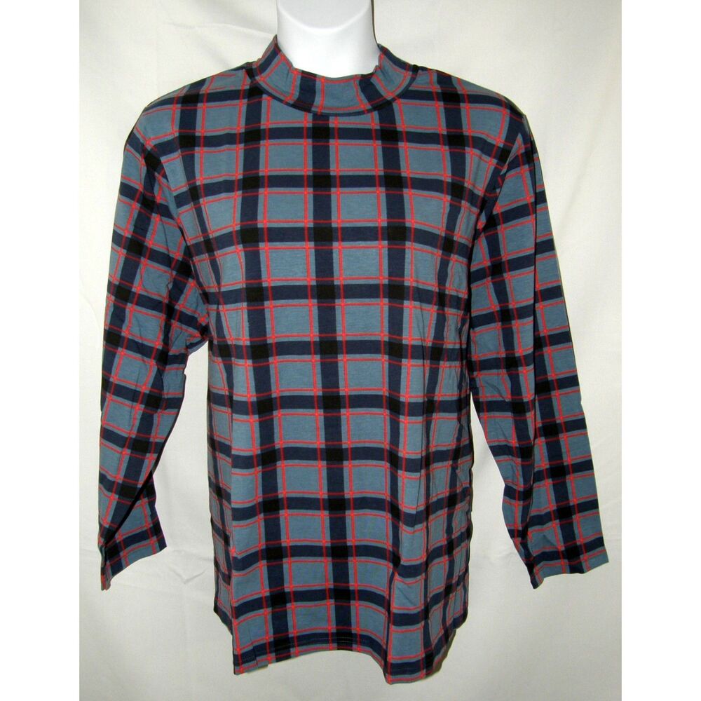WOMAN WITHIN Blue & Red Plaid Plus Sz 30/32 Stretchy Cotton Mock Neck Shirt NEW